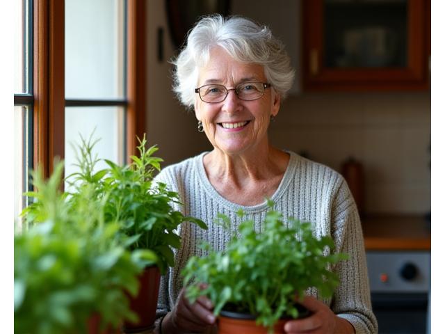 Donna anziana con successo nel giardino di erbe aromatiche interno in cucina