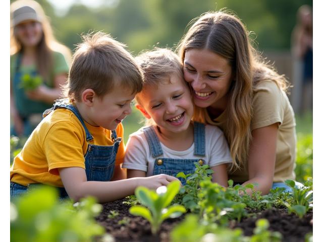 Famiglia con bambini che imparano giardinaggio durante workshop divertente