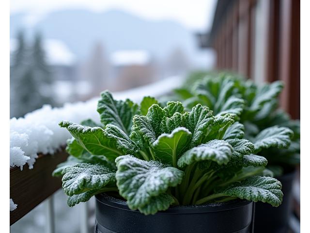 Verdure invernali resistenti al gelo su balcone alpino con neve
