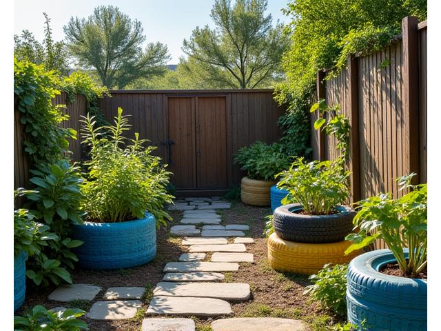 Giardino sostenibile eco-friendly con materiali riciclati innovativi